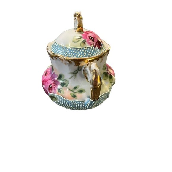 Antique Cabbage Rose with Bead Textured Design Small Creamer and Sugar Bowl - Picture 11 of 16